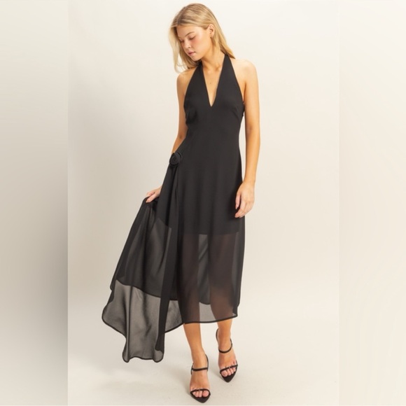 Black Halter Rosette Asymmetrical Dress - Picture 6 of 10
